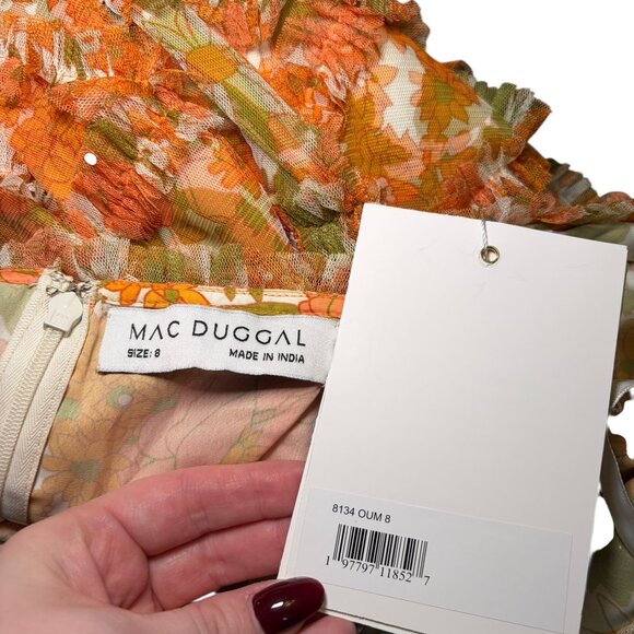 Mac Duggal Cutout Back Lattice Ruffle Floral Midi Dress Size 8 NWT - Picture 5 of 5